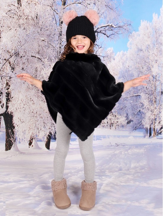 Kids Soft Faux Fur Poncho W/  Diagonal Pattern and Faux Fur Neckline (3-7 Years Old) 